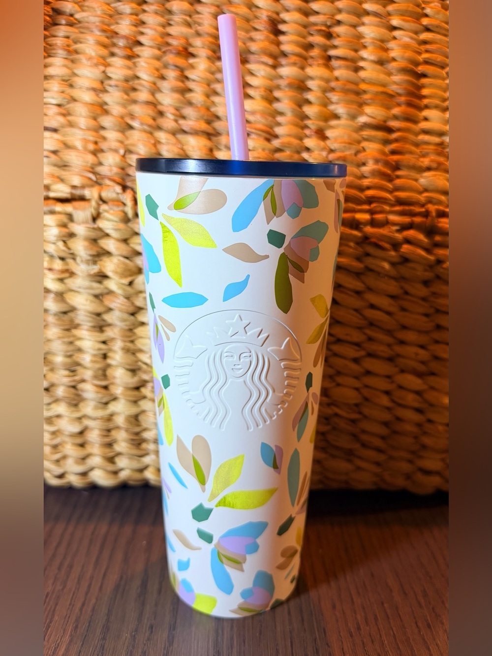 Starbucks 24 oz White Floral Confetti Metal Tumbler with Straw